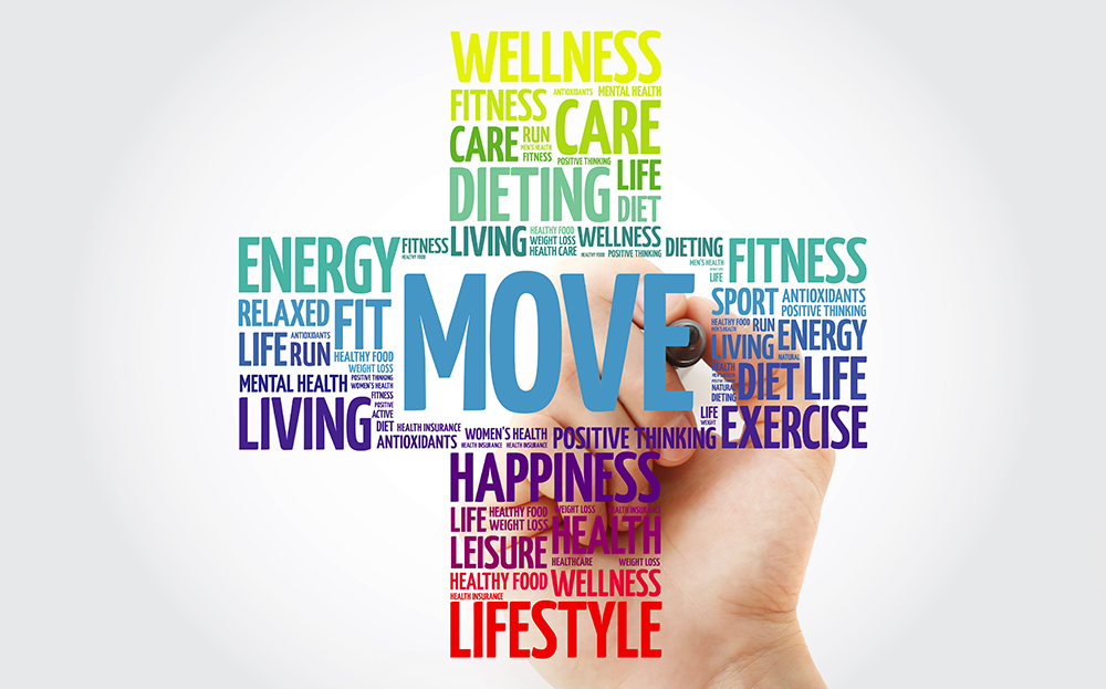 A hand writing health and fitness text on a clear screen from behind with the word Move in the center